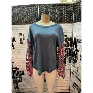Baea XL Blue Thermal Pattern Bohemian Style Long Sheer Printed Sleeve Top